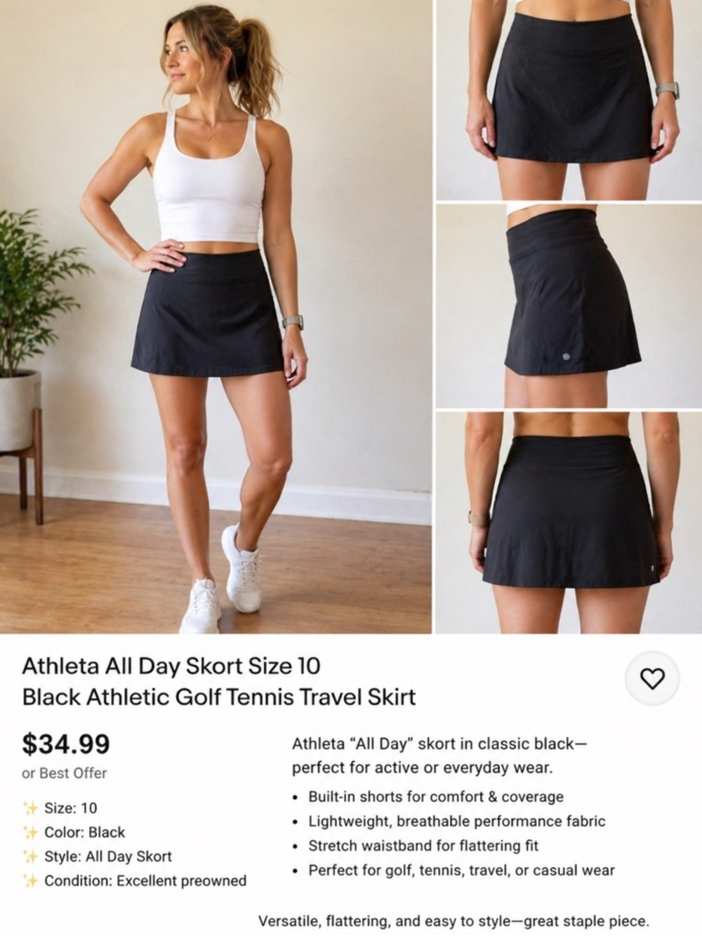 Athleta All Day Skort Size 10 Black Athletic Golf Tennis Travel Skirt